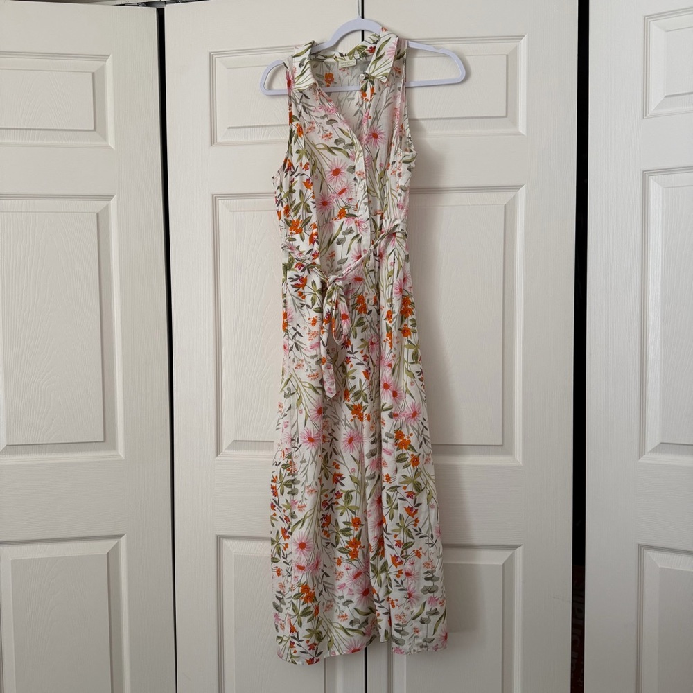 Spartina 449 Emeline dress Floral Maxi Dress collared Cream Pink Orange cotton - Picture 3 of 10